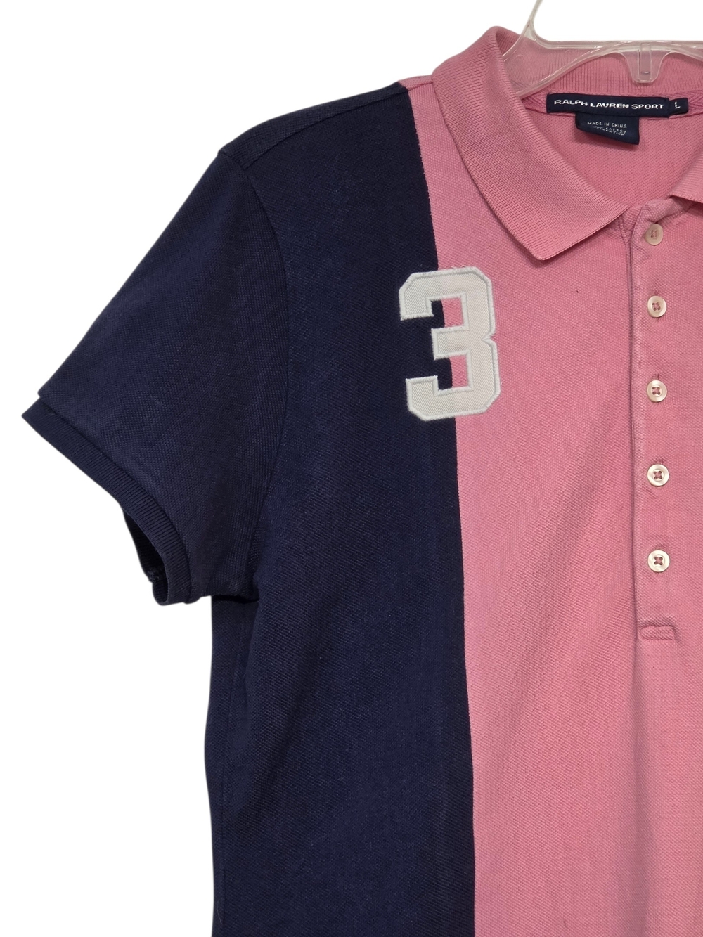 Ralph Lauren Embroidered Crest Pink & Navy Colorblock Polo Shirt Size Large 90s - Picture 2 of 14